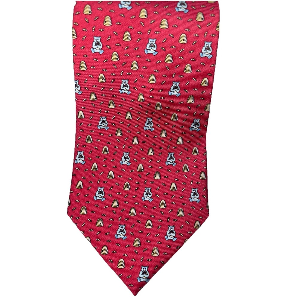 Vineyard Vines Necktie Shep & Ian 100% Silk Honey Bears Beehives‎ Red Tie 59"